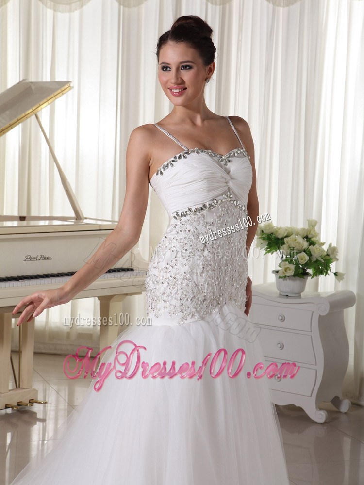 Spaghetti Straps Beaded Flowers Sweep Train Tulle Dresses for Wedding
