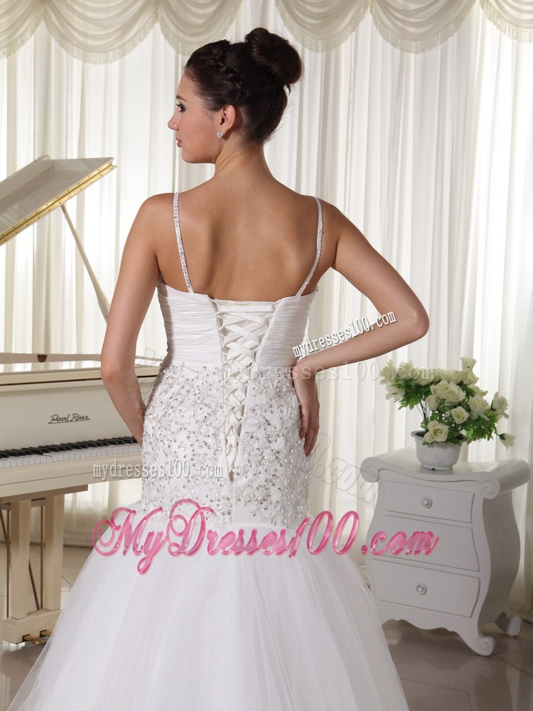 Spaghetti Straps Beaded Flowers Sweep Train Tulle Dresses for Wedding