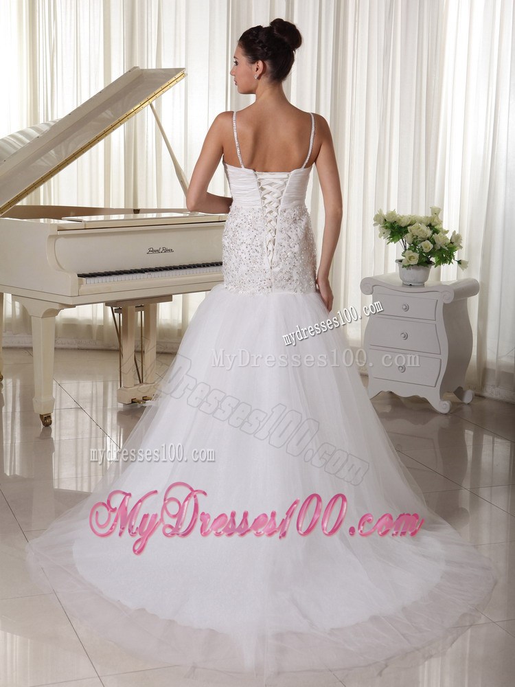 Spaghetti Straps Beaded Flowers Sweep Train Tulle Dresses for Wedding