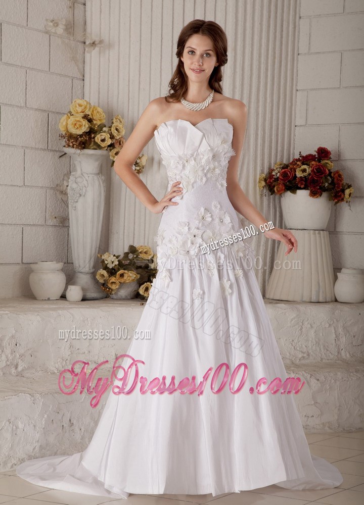 Diamonds and Handle Flowers Decorated Bridal Gown with Petal Neckline