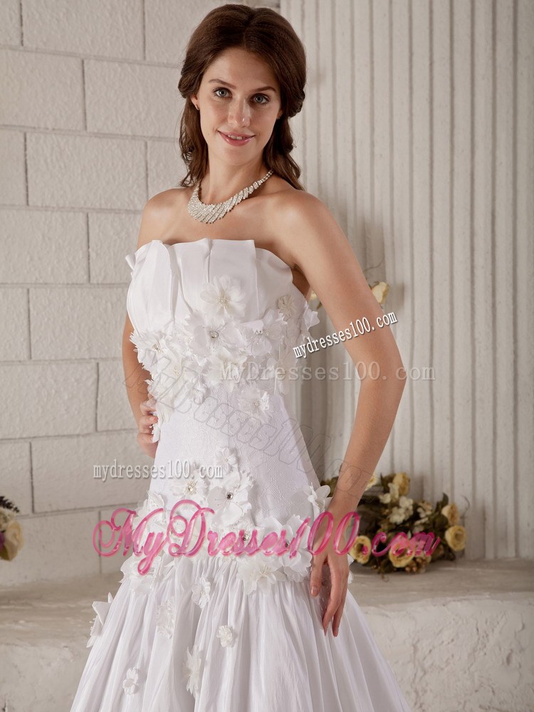 Diamonds and Handle Flowers Decorated Bridal Gown with Petal Neckline