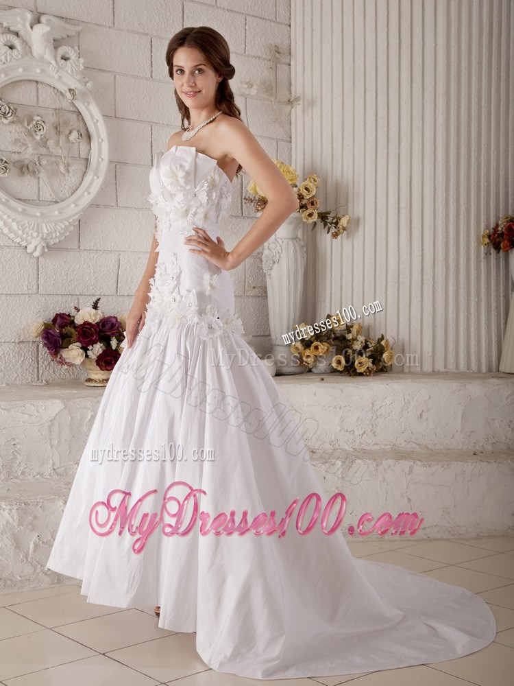 Diamonds and Handle Flowers Decorated Bridal Gown with Petal Neckline
