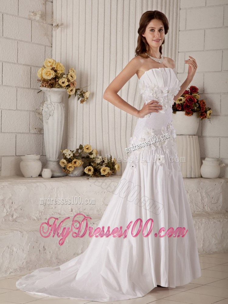 Diamonds and Handle Flowers Decorated Bridal Gown with Petal Neckline