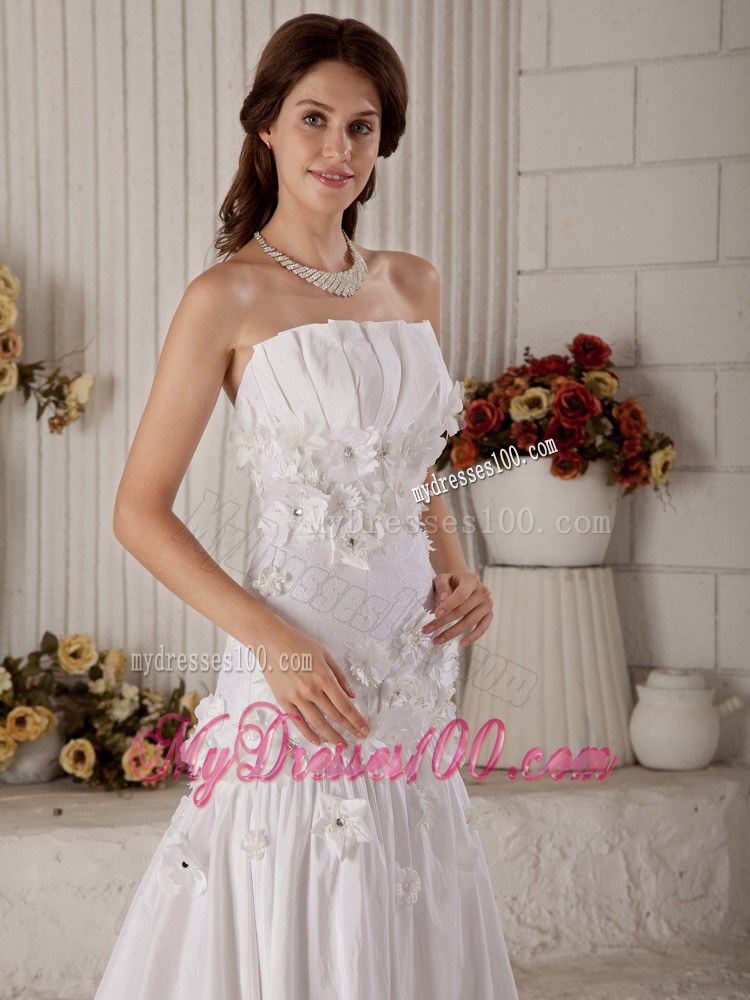 Diamonds and Handle Flowers Decorated Bridal Gown with Petal Neckline