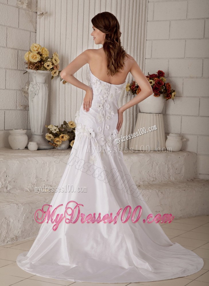 Diamonds and Handle Flowers Decorated Bridal Gown with Petal Neckline