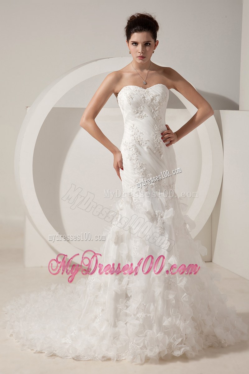 Sweet Mermaid Handmade Flowers Sweetheart White Lace Wedding Gown