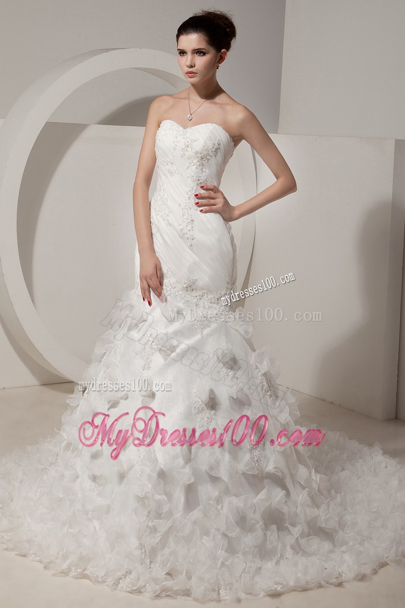 Sweet Mermaid Handmade Flowers Sweetheart White Lace Wedding Gown
