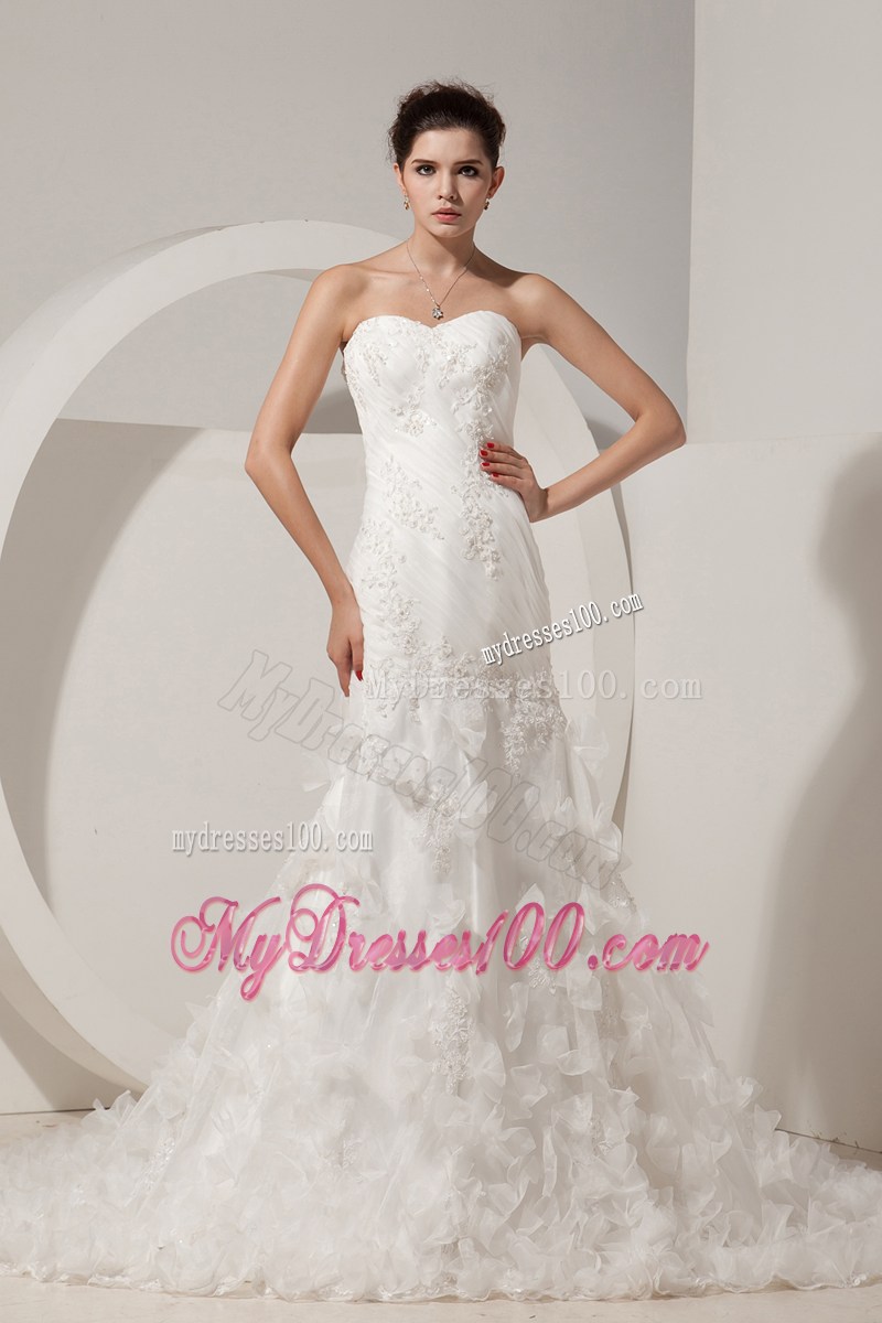 Sweet Mermaid Handmade Flowers Sweetheart White Lace Wedding Gown