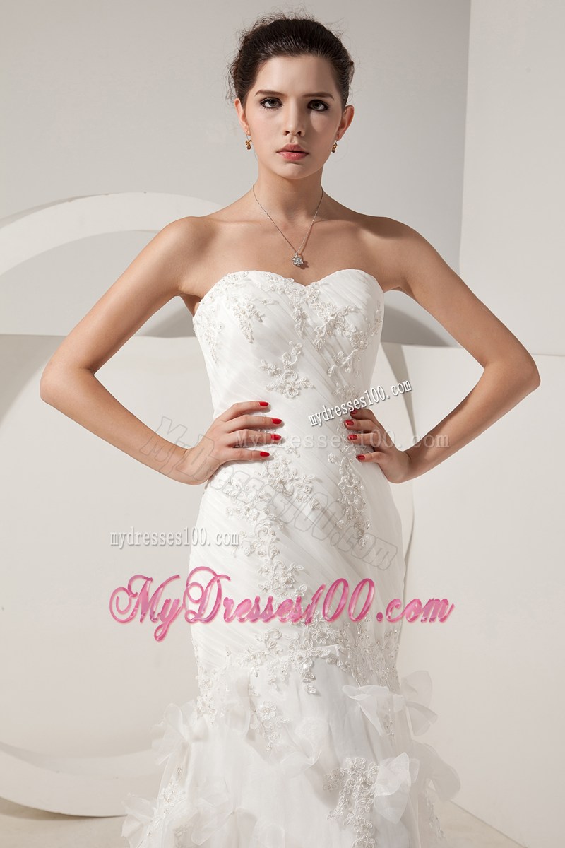 Sweet Mermaid Handmade Flowers Sweetheart White Lace Wedding Gown