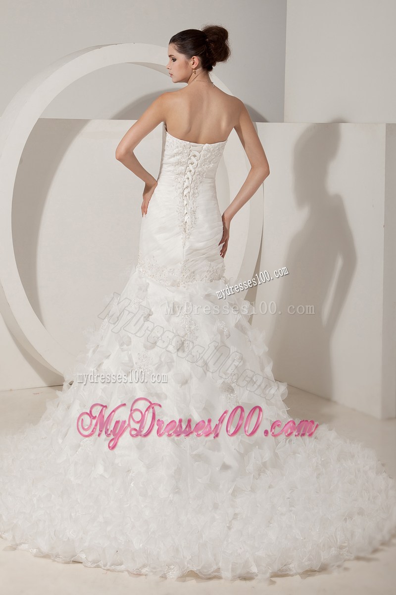 Sweet Mermaid Handmade Flowers Sweetheart White Lace Wedding Gown
