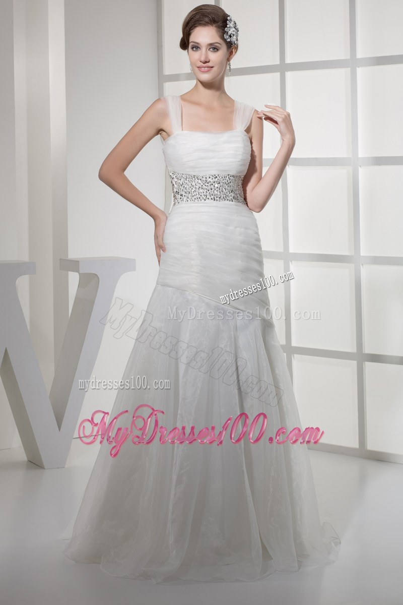 Square Beading and Ruches Accent Floor-length Organza Wedding Gown