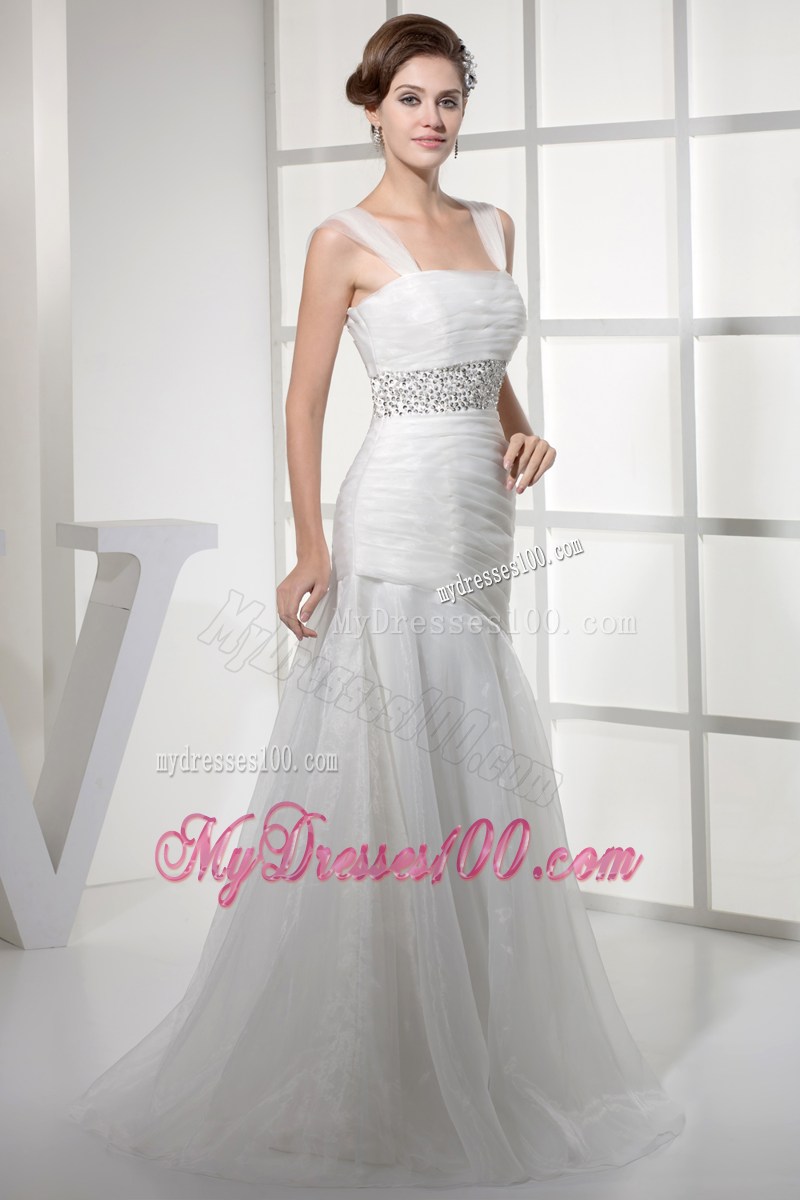 Square Beading and Ruches Accent Floor-length Organza Wedding Gown