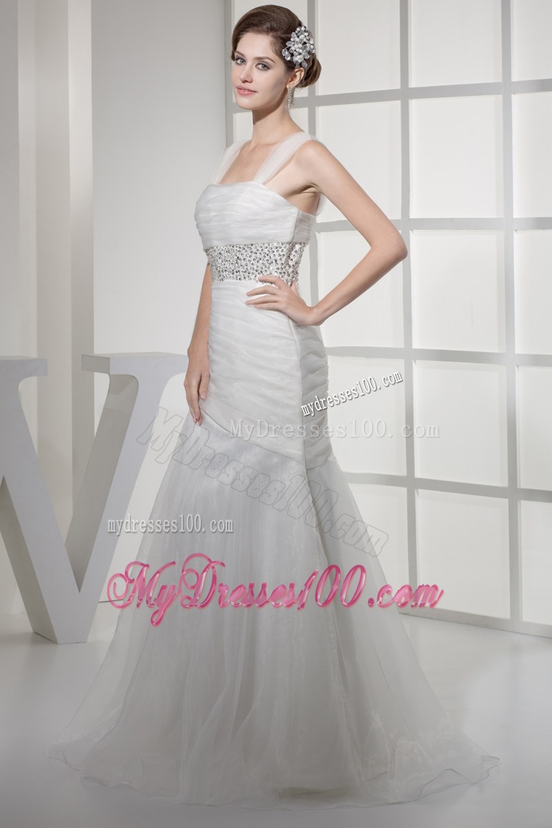 Square Beading and Ruches Accent Floor-length Organza Wedding Gown