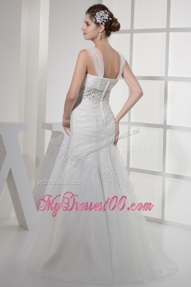 Square Beading and Ruches Accent Floor-length Organza Wedding Gown