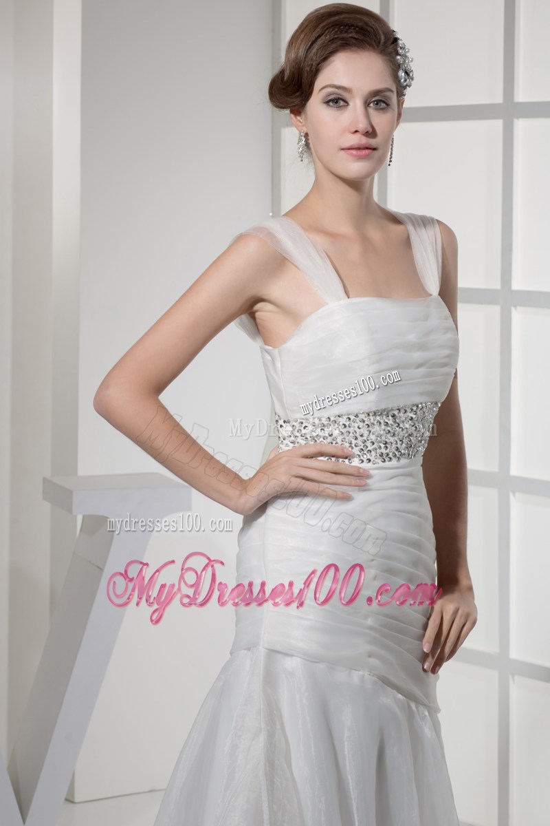 Square Beading and Ruches Accent Floor-length Organza Wedding Gown