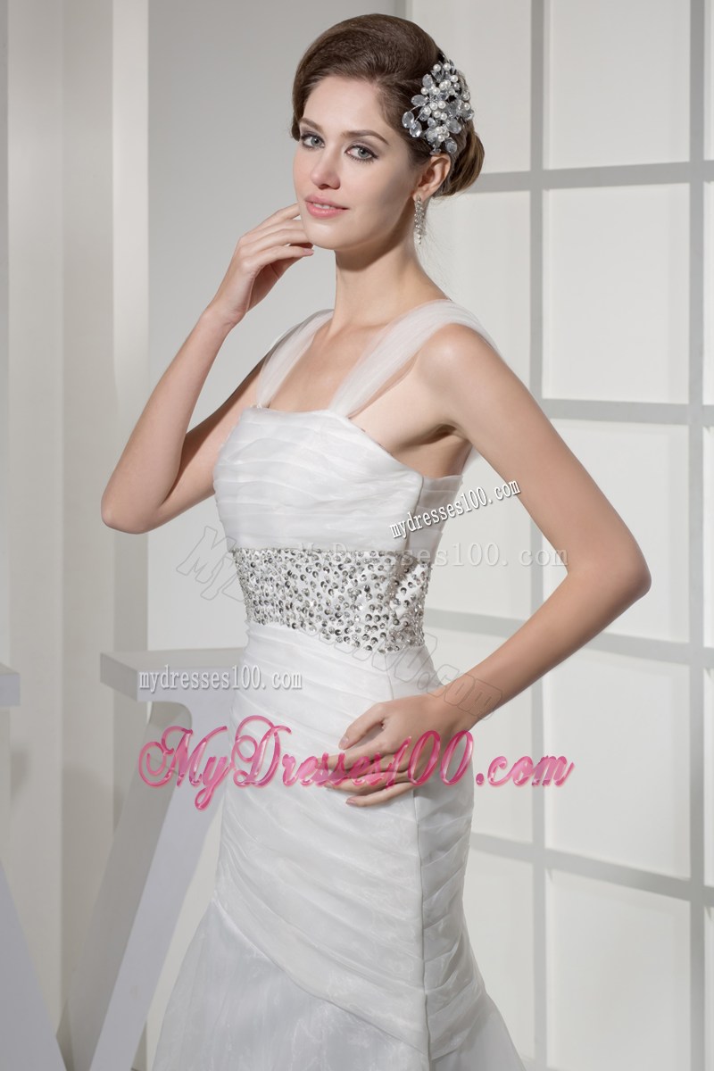 Square Beading and Ruches Accent Floor-length Organza Wedding Gown