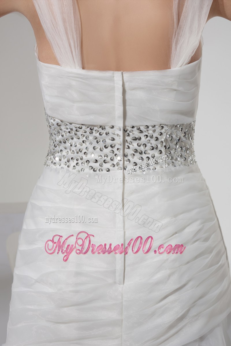 Square Beading and Ruches Accent Floor-length Organza Wedding Gown