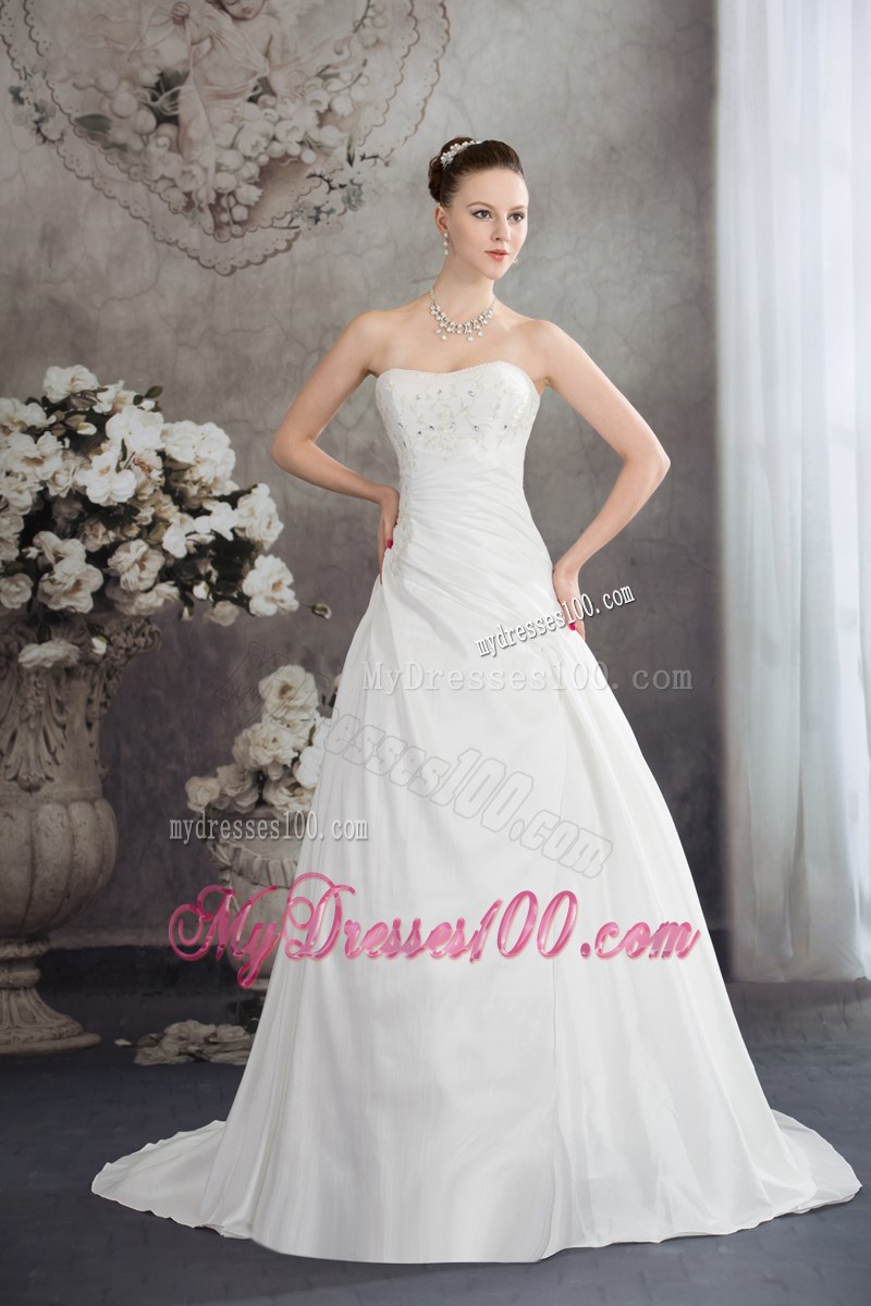 Strapless Beading Embroidery White Wedding Dress Zipper-up