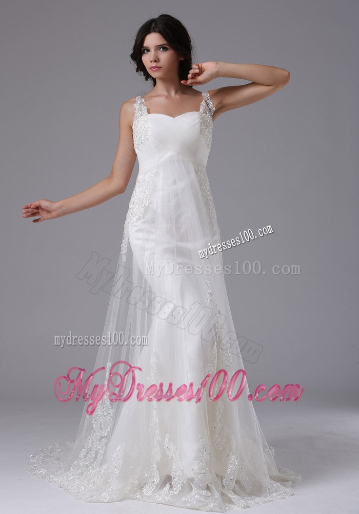 Straps Wedding Brush Train Zipper-up Back Bridal Gowns with Lace Flowers