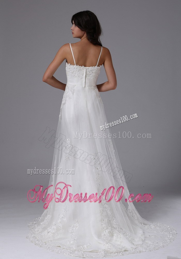 Straps Wedding Brush Train Zipper-up Back Bridal Gowns with Lace Flowers