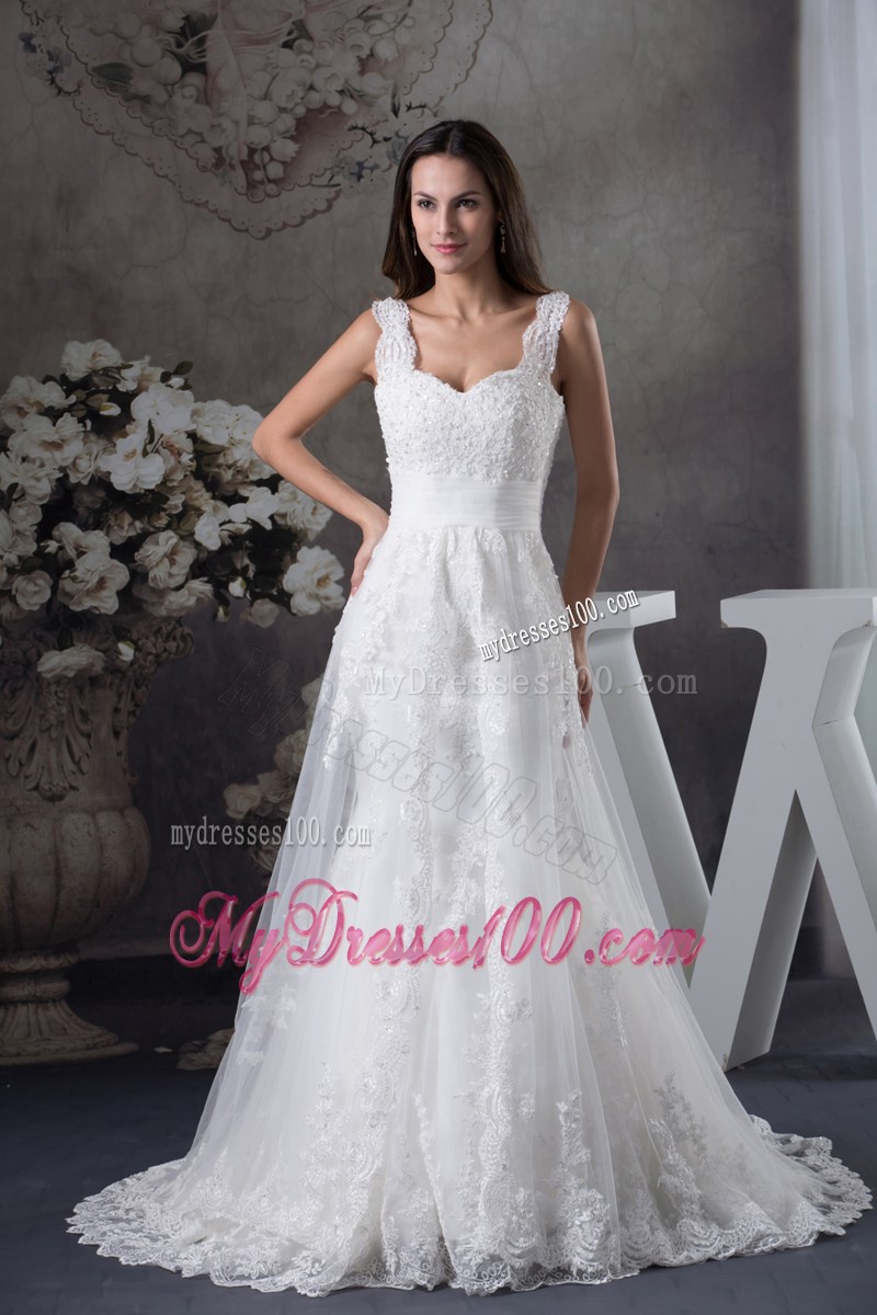 Beautiful Straps White Lace Wedding Dress Court Train Lace-up Back