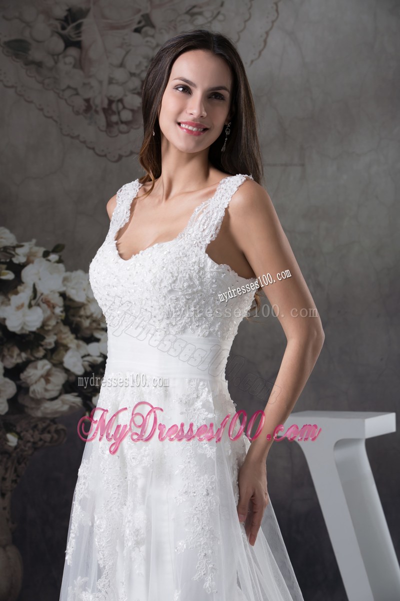 Beautiful Straps White Lace Wedding Dress Court Train Lace-up Back