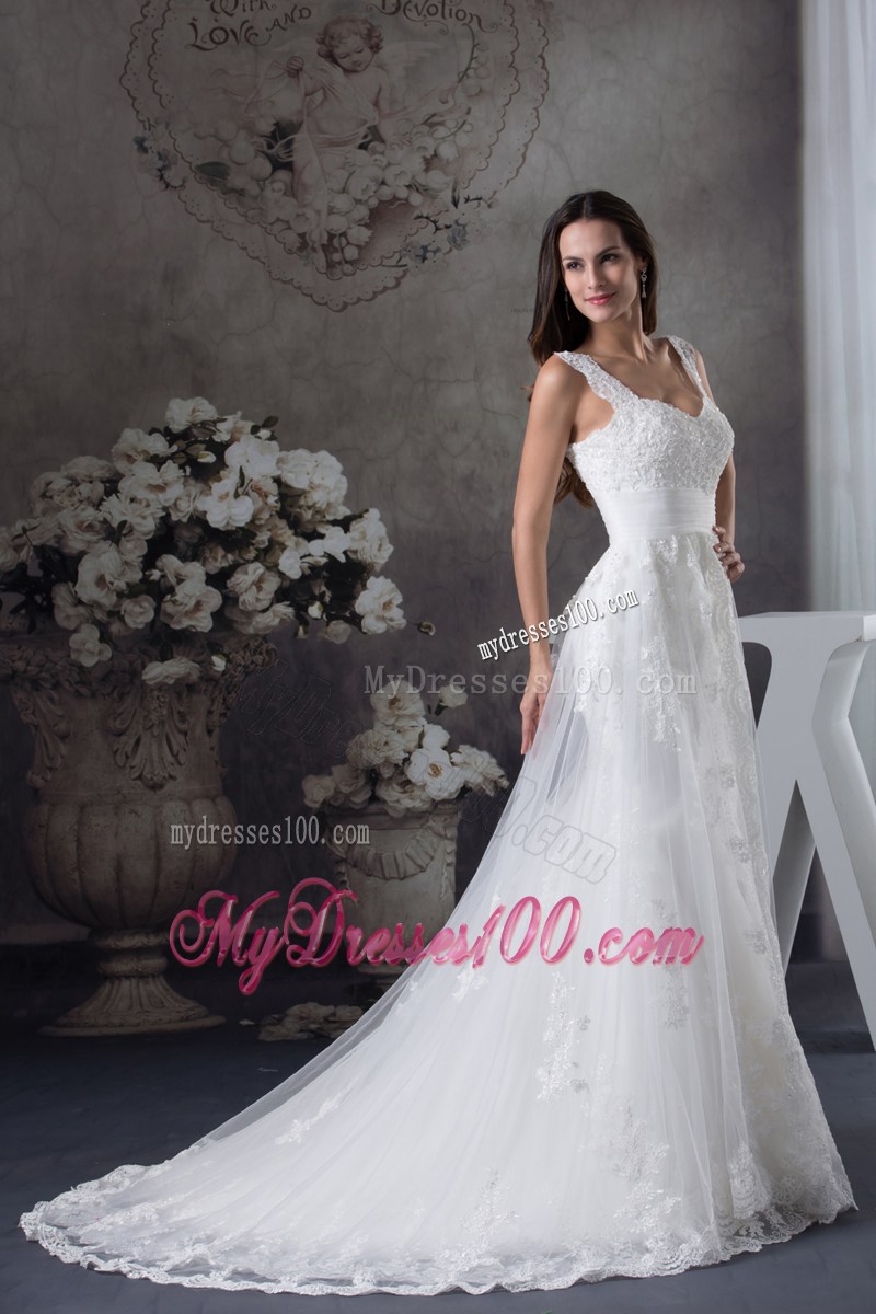 Beautiful Straps White Lace Wedding Dress Court Train Lace-up Back