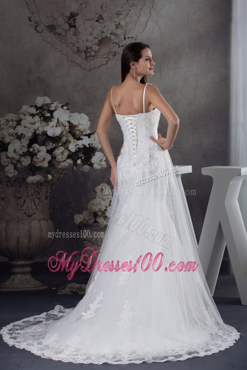Beautiful Straps White Lace Wedding Dress Court Train Lace-up Back