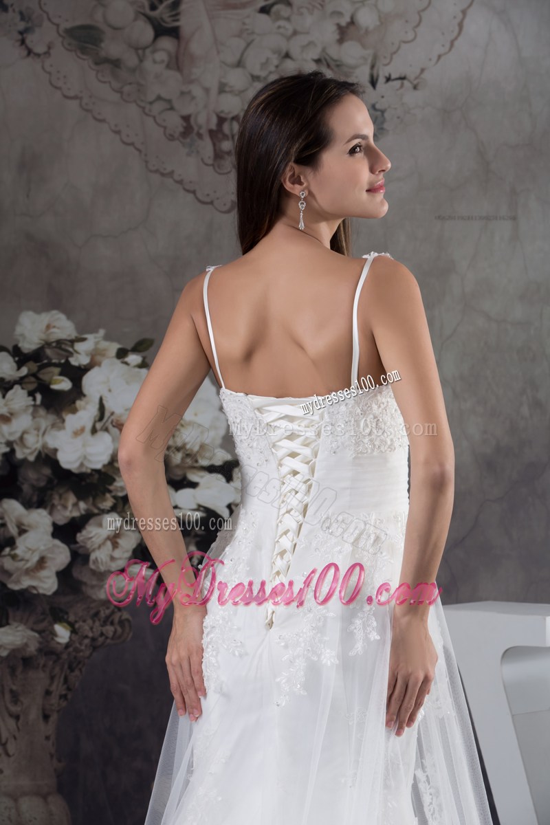 Beautiful Straps White Lace Wedding Dress Court Train Lace-up Back