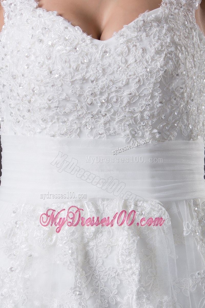 Beautiful Straps White Lace Wedding Dress Court Train Lace-up Back