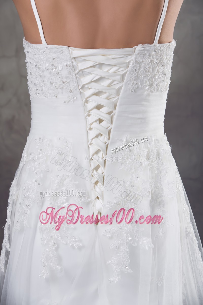 Beautiful Straps White Lace Wedding Dress Court Train Lace-up Back