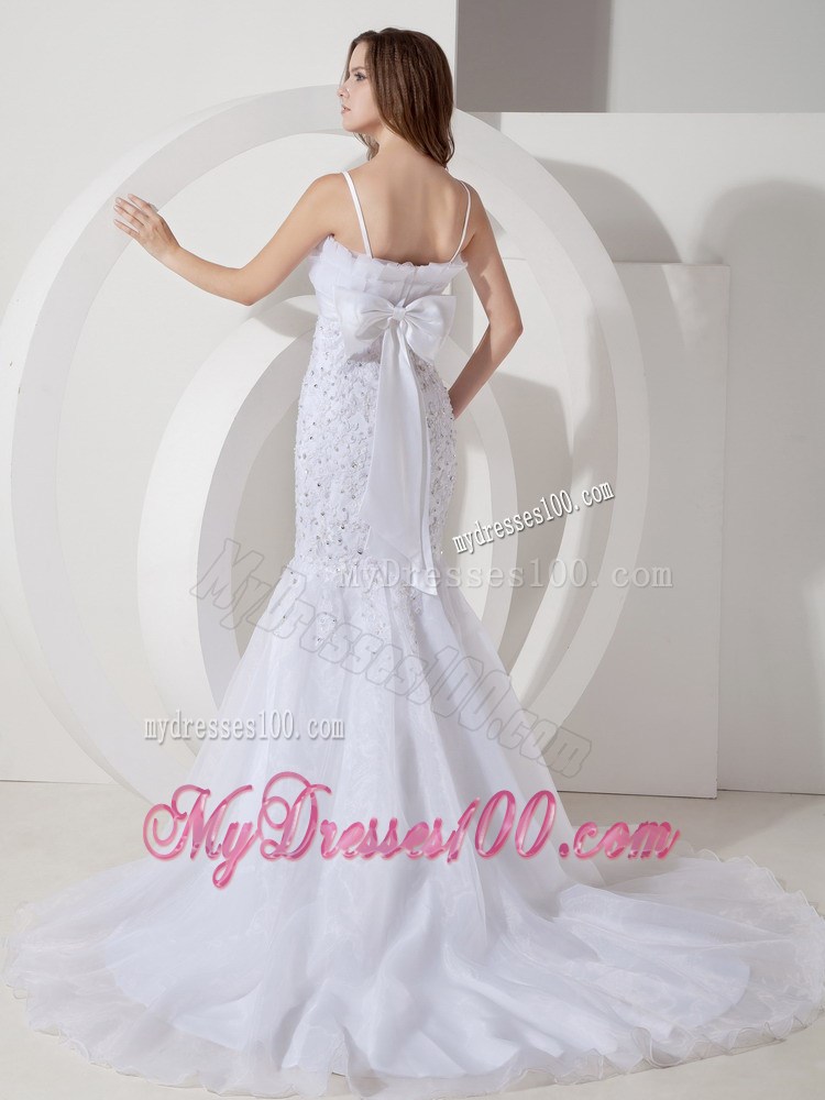 Spaghetti Straps Ruffled Neckline Bowknot Appliqued Beaded Bridal Gowns