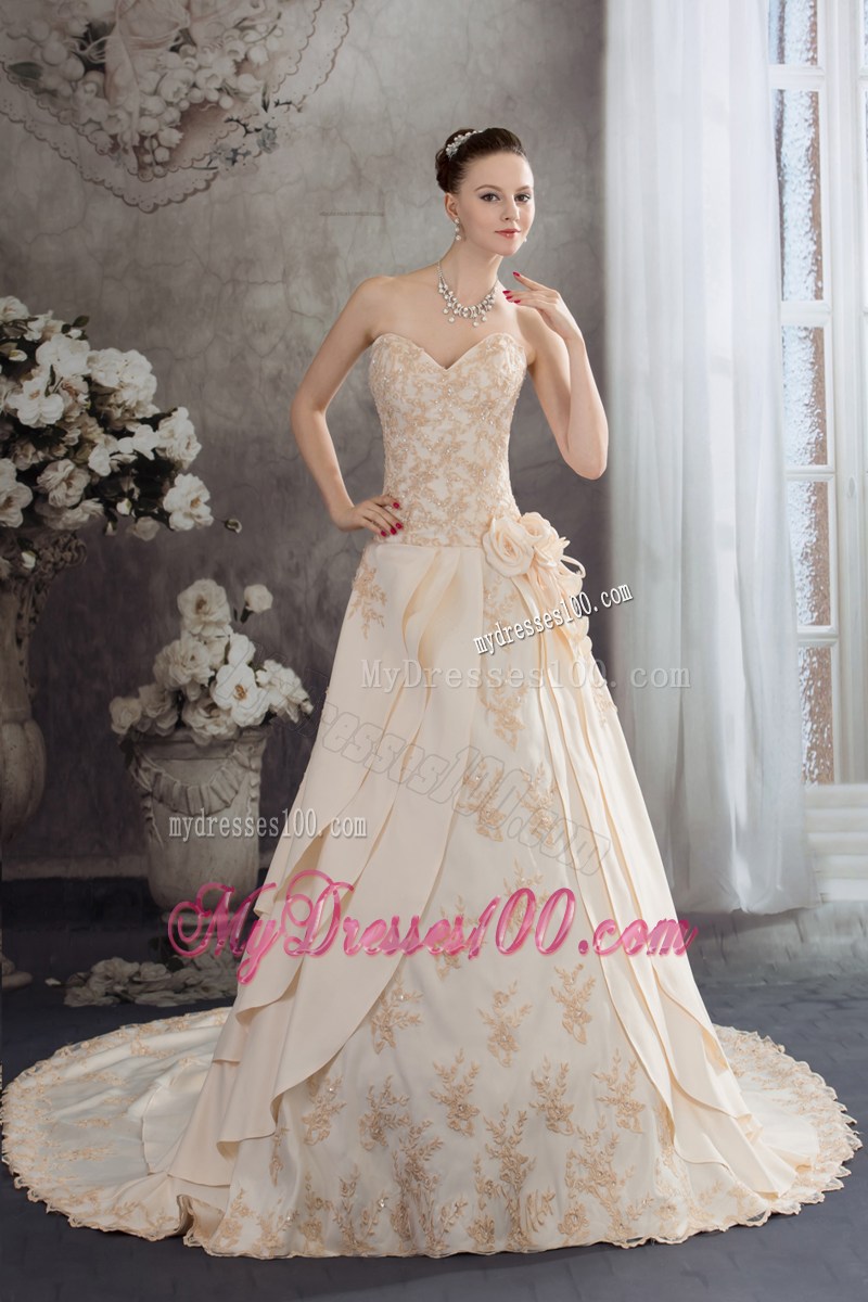 Champagne Handmade Flower Wedding Dress with Ruffles Appliques