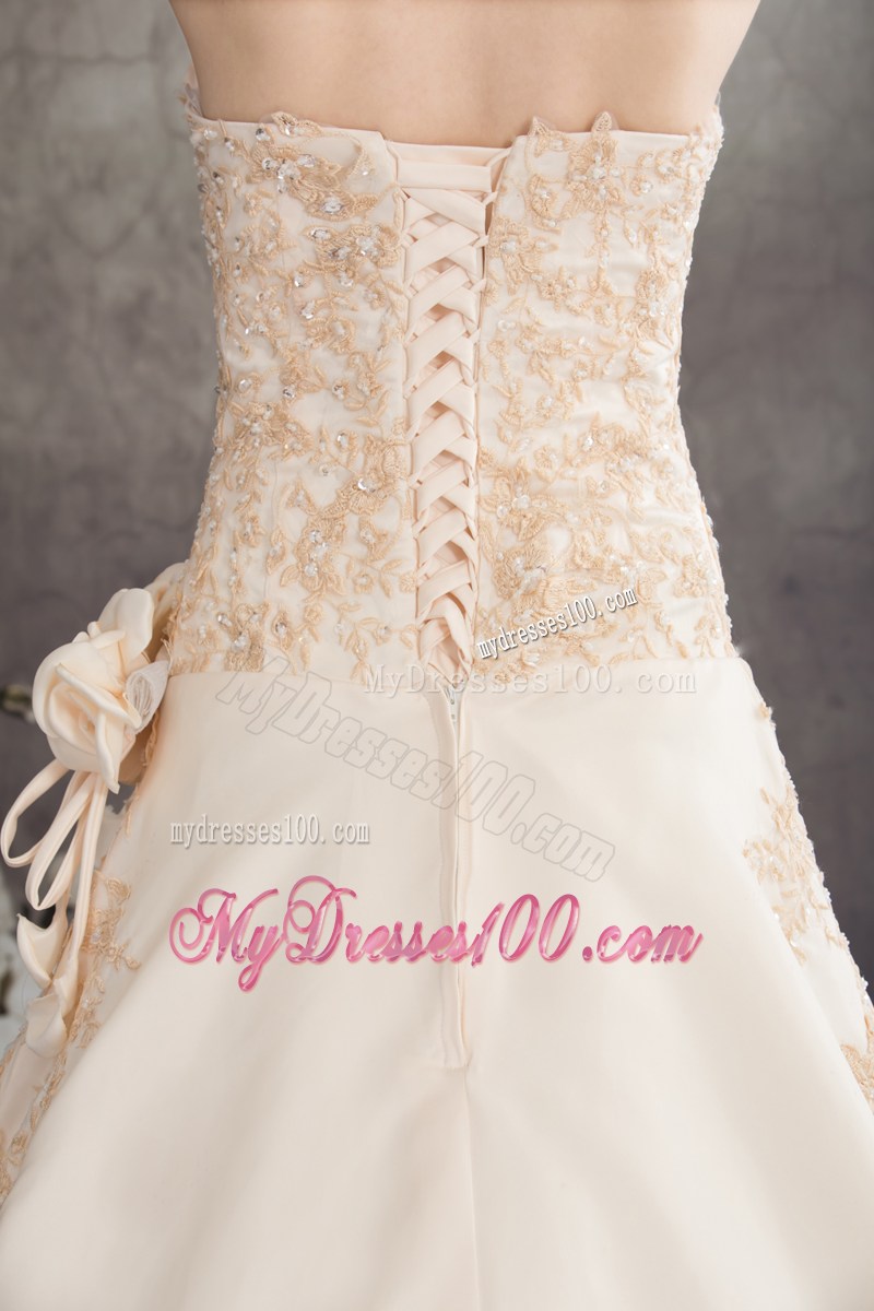 Champagne Handmade Flower Wedding Dress with Ruffles Appliques