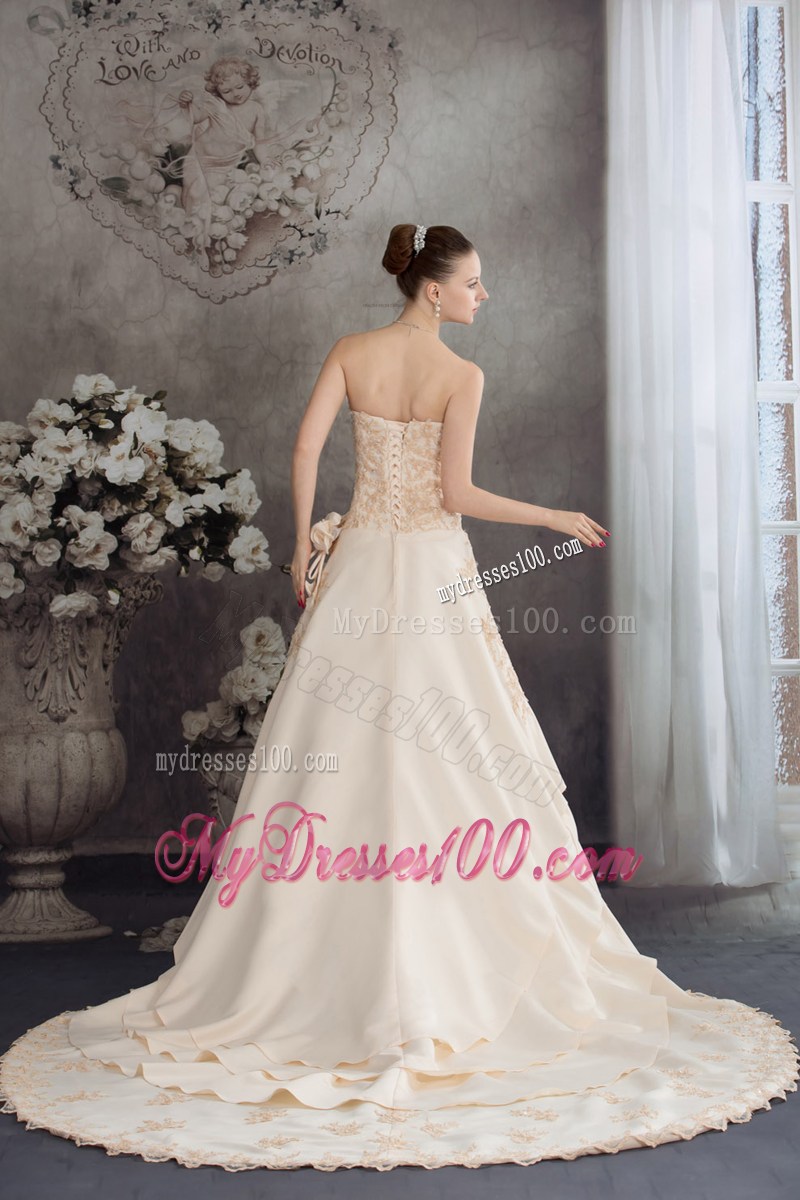 Champagne Handmade Flower Wedding Dress with Ruffles Appliques
