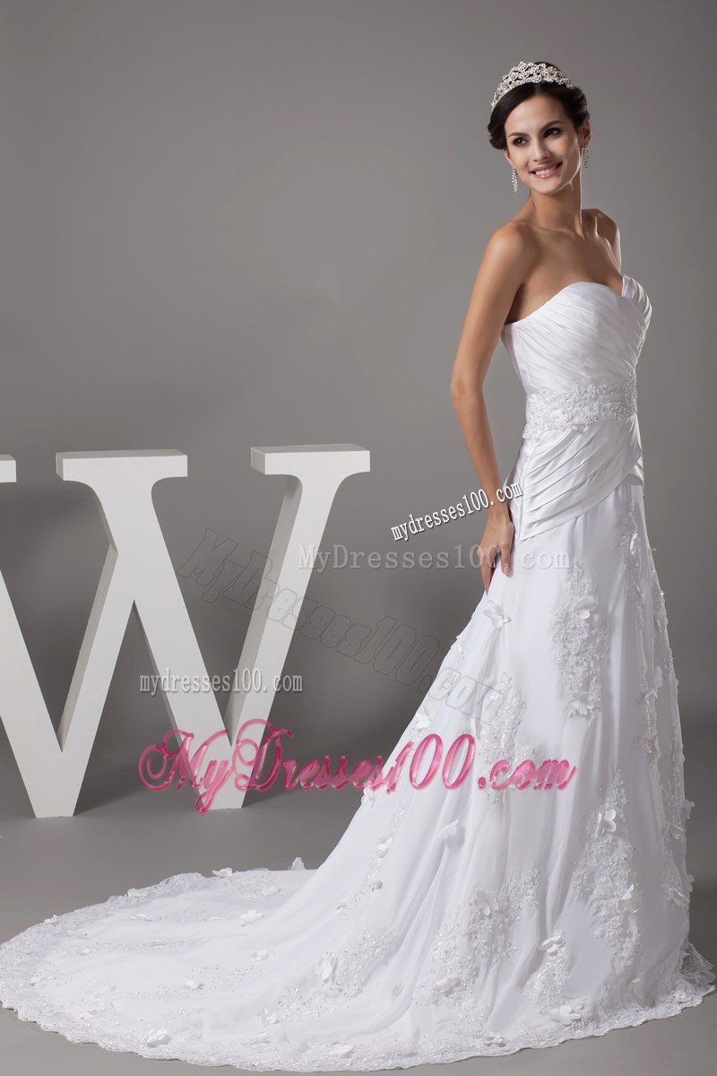 Charming Ruche Appliques White Wedding Dress Court Train Lace-up Back
