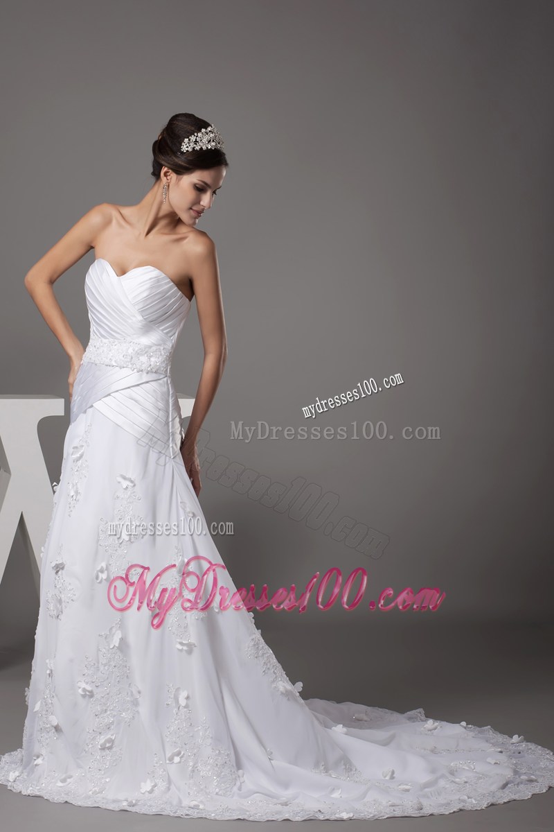 Charming Ruche Appliques White Wedding Dress Court Train Lace-up Back