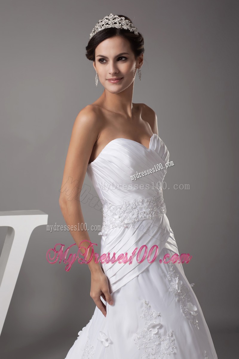 Charming Ruche Appliques White Wedding Dress Court Train Lace-up Back