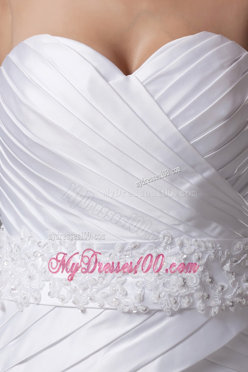 Charming Ruche Appliques White Wedding Dress Court Train Lace-up Back