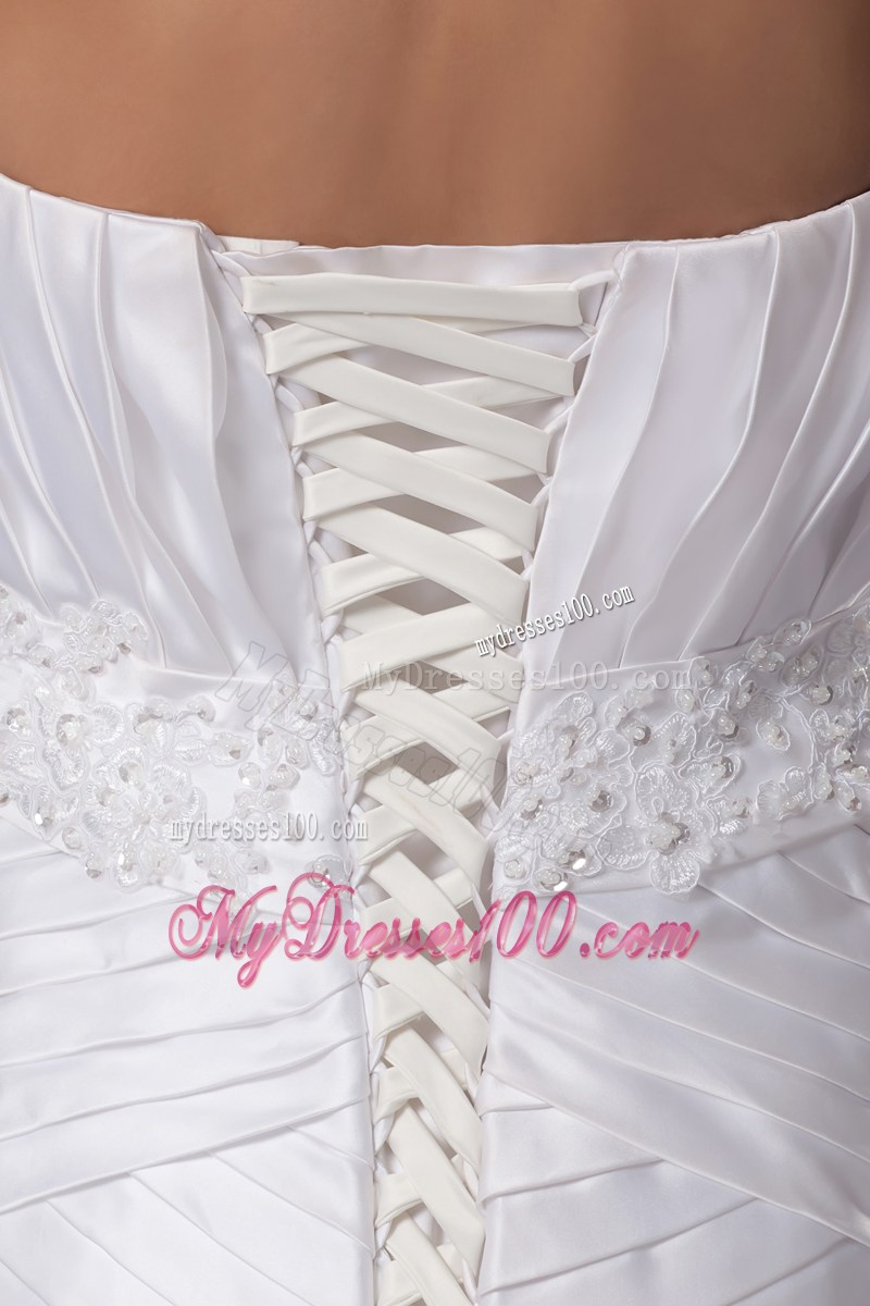 Charming Ruche Appliques White Wedding Dress Court Train Lace-up Back