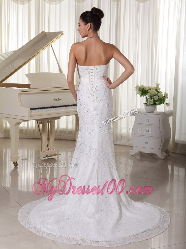 Lace Flowers Brush Train Dresses for Brides with Beading Sash for Ladies