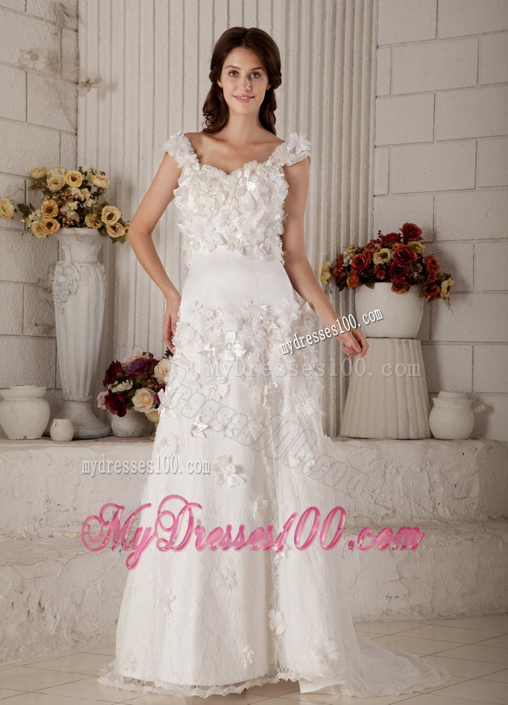 Small Flowers Straps Sweep Train Back Out Bridal Gown with Lace Edge