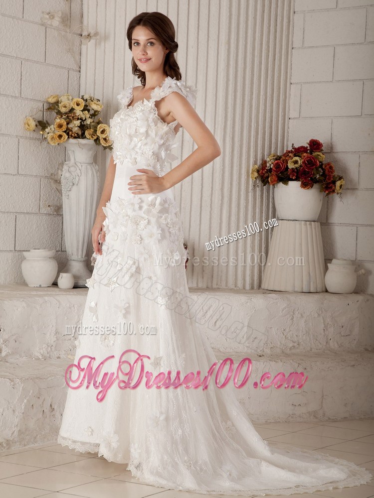 Small Flowers Straps Sweep Train Back Out Bridal Gown with Lace Edge