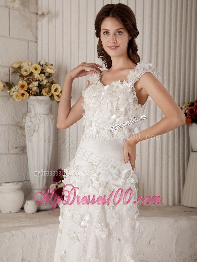 Small Flowers Straps Sweep Train Back Out Bridal Gown with Lace Edge