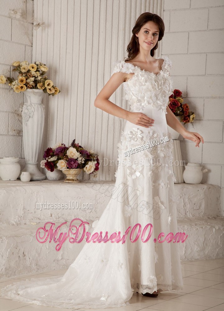 Small Flowers Straps Sweep Train Back Out Bridal Gown with Lace Edge