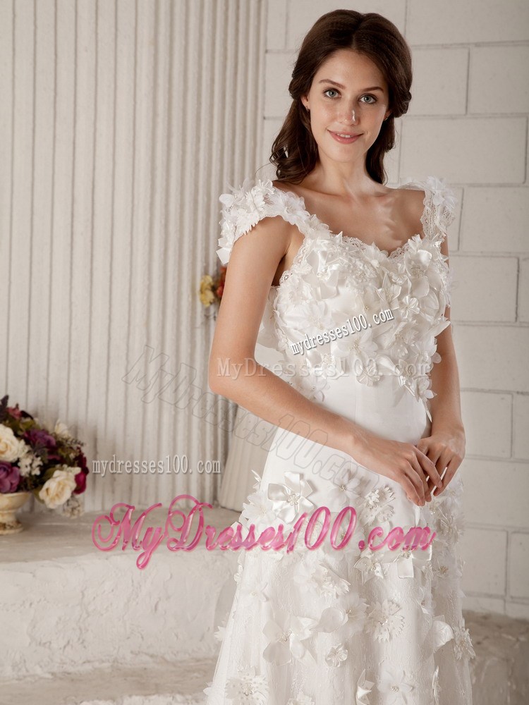 Small Flowers Straps Sweep Train Back Out Bridal Gown with Lace Edge