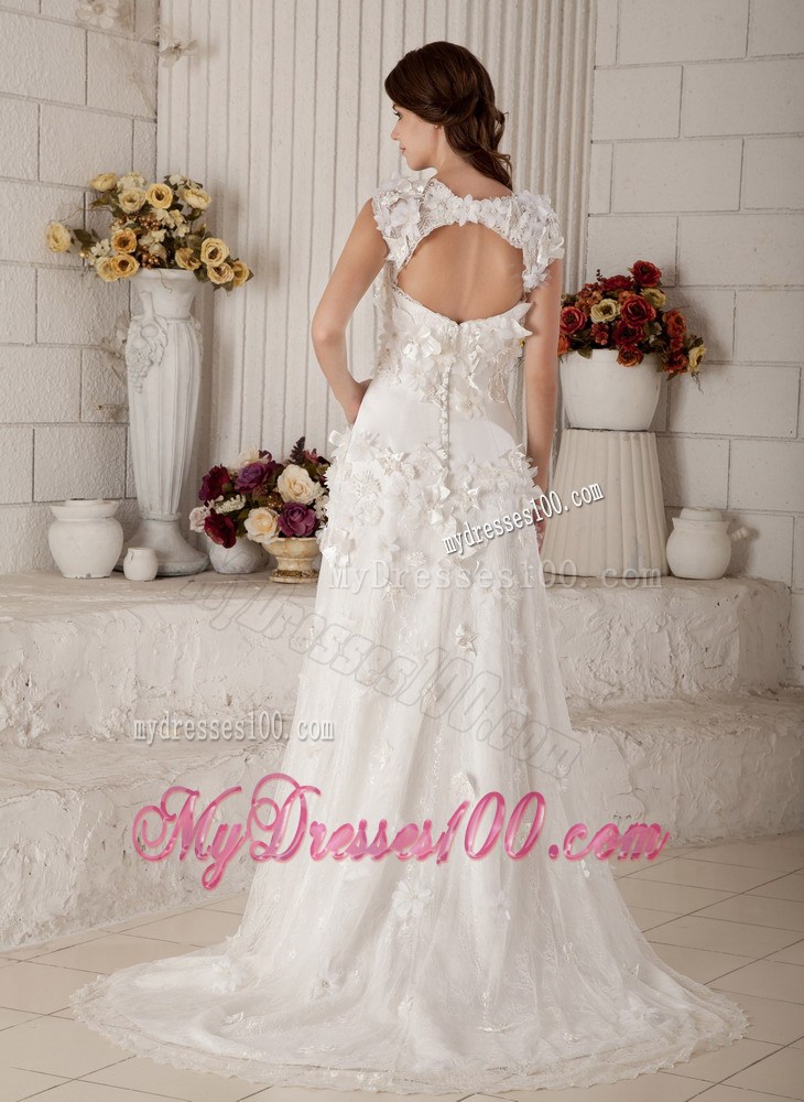 Small Flowers Straps Sweep Train Back Out Bridal Gown with Lace Edge