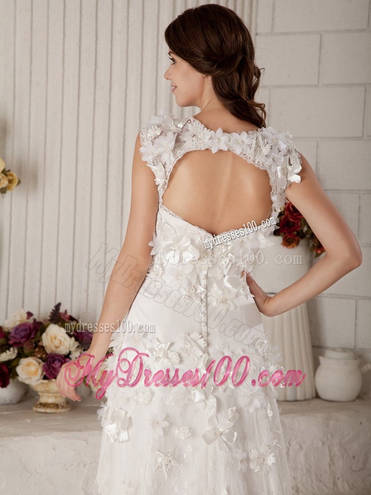 Small Flowers Straps Sweep Train Back Out Bridal Gown with Lace Edge