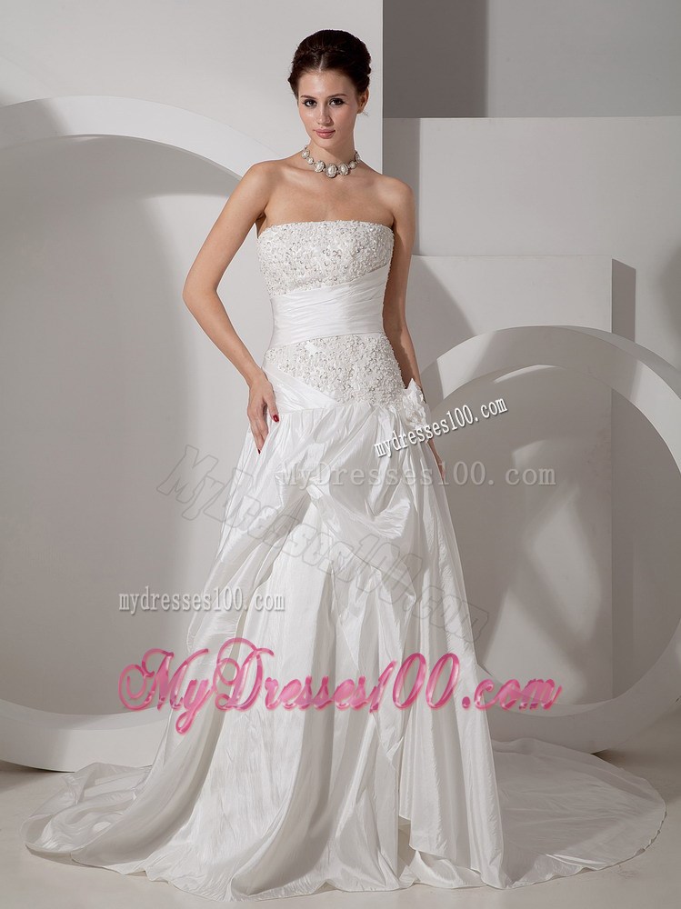 Diamonds Ruching and Handle Flowers Decorated Court Train Bridal Gowns