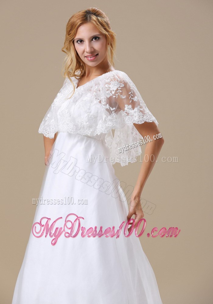 V-neck Brush Train Wedding Dresses with Butterfly Short Sleeves